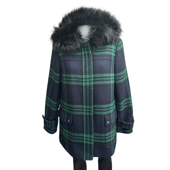 Talbots Black Green Plaid Wool Blend Parka Coat size 10 Faux Fur Trim Hood - Picture 1 of 7